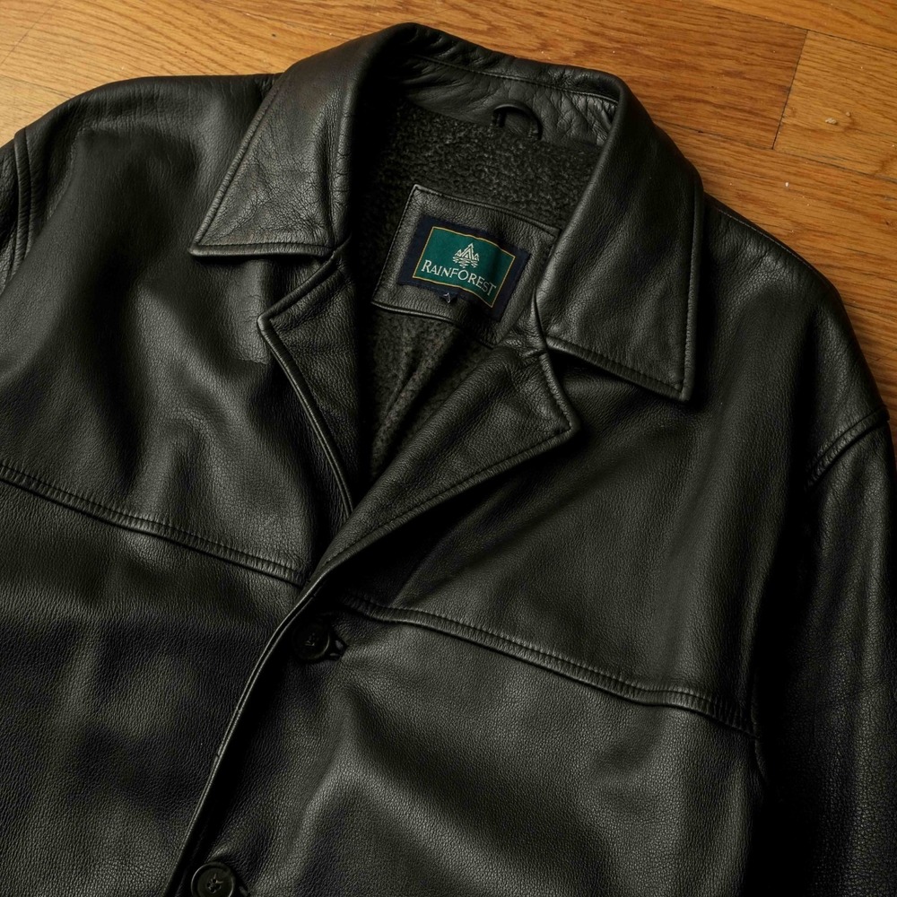 Rainforest Jacket Car Coat Black Pebbled Leather Sherpa Lined Button Front L - Picture 2 of 10